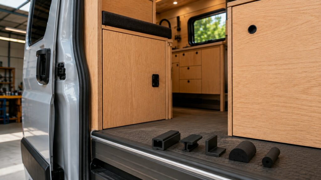 Photorealistic campervan conversion interior with light wood cabinetry and an open side door, showing five black rubber extrusion samples arranged on the van threshold, including U-channel, T-section, L-section, D-shaped sponge and round sponge cord.