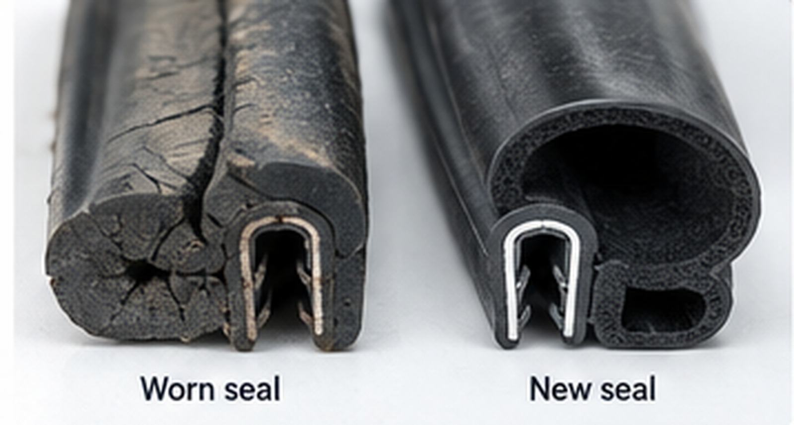 Worn car door seal compared with a new replacement rubber seal