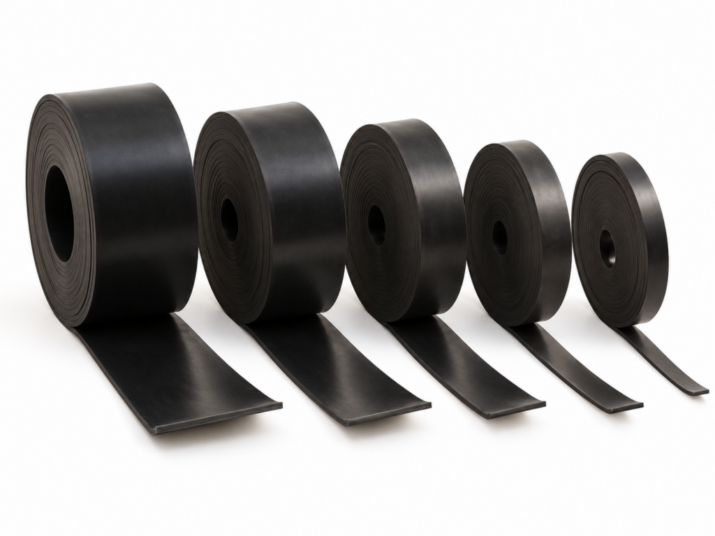 Flat black neoprene rubber strips in different widths and thicknesses