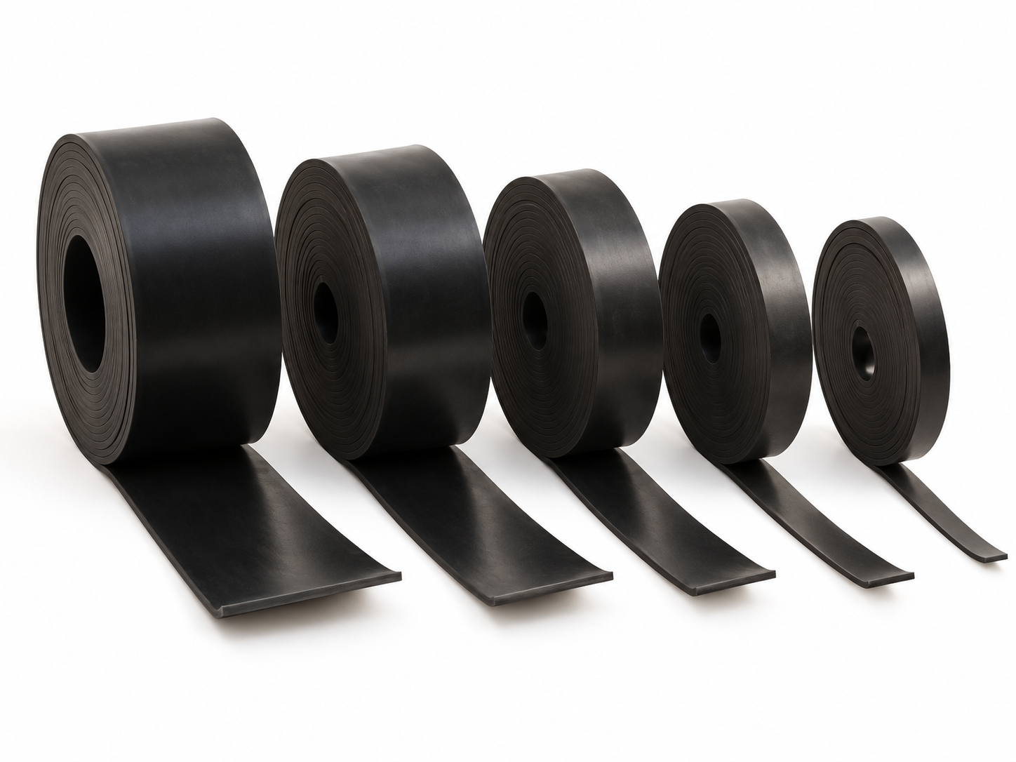Flat black neoprene rubber strips in different widths and thicknesses