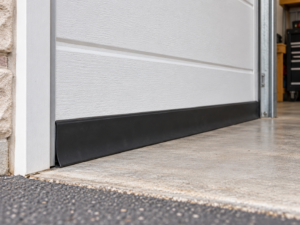 Flat black rubber strip fitted as a weather barrier on a garage door