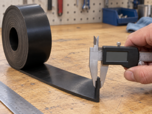 Measuring the thickness and width of a flat rubber strip