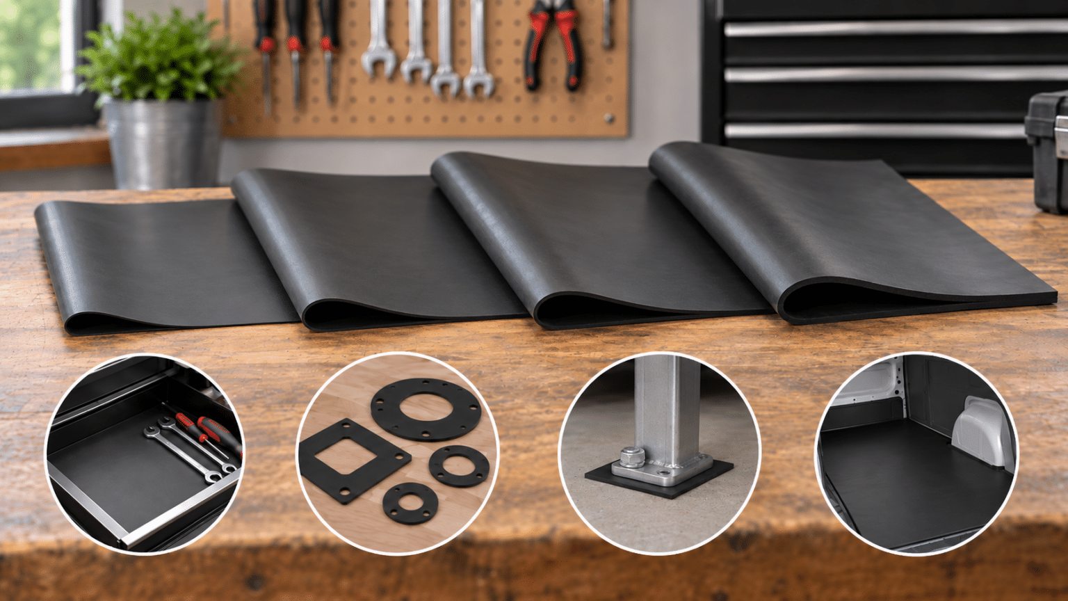 Four different thicknesses of rubber sheet displayed on a table